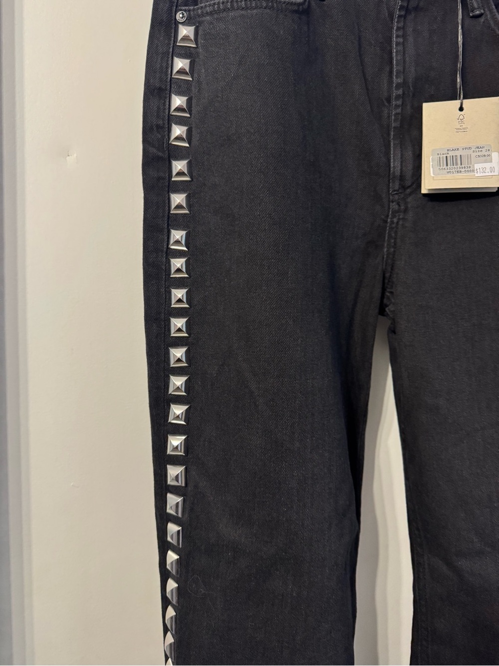 All Saints Black Women's Straight-Leg Raw Hem Jeans with Silver Stud Side Trim - Picture 2 of 6